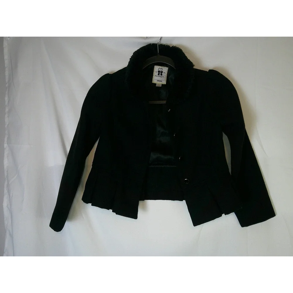 Gymboree Girls Black Peplum Jacket Faux Fur‎ Collar Pleated Hem Size M 7-8